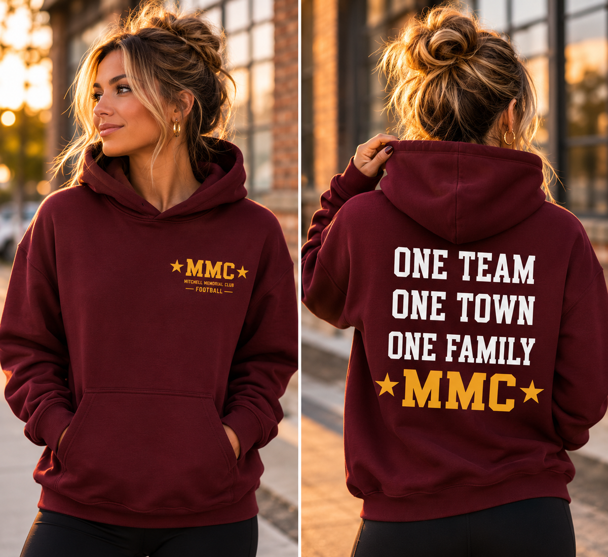 A woman modeling a burgundy hoodie in a split front-and-back view. The front shows a small yellow 'MMC' logo on the chest, and the back shows large white and yellow text reading 'ONE TEAM ONE TOWN ONE FAMILY MMC' with yellow stars.