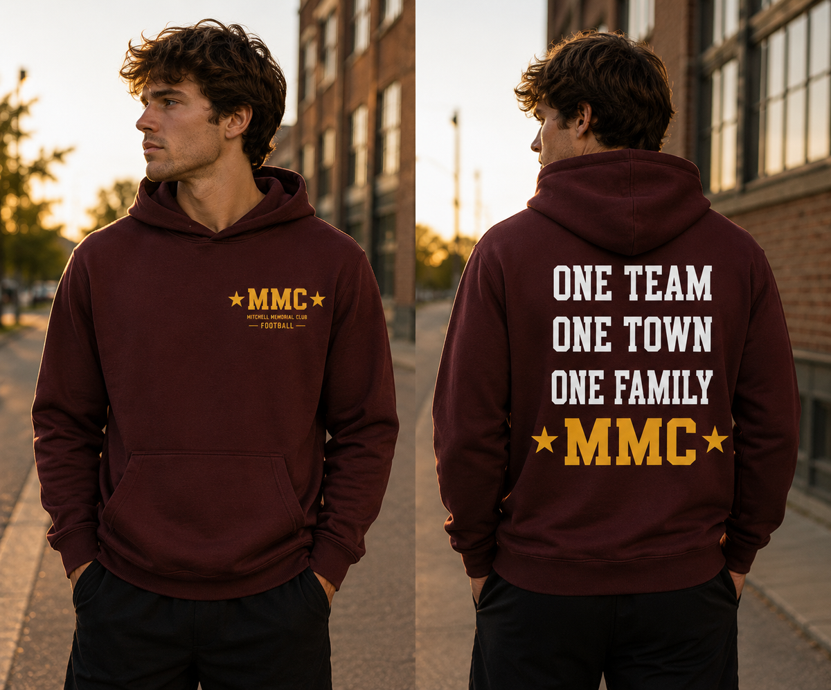 A man modeling a maroon hoodie in an outdoor urban setting, shown from both the front and back. The front features a small yellow 'MMC' logo with football underneath, and the back displays 'ONE TEAM ONE TOWN ONE FAMILY' in white text with 'MMC' in yellow.